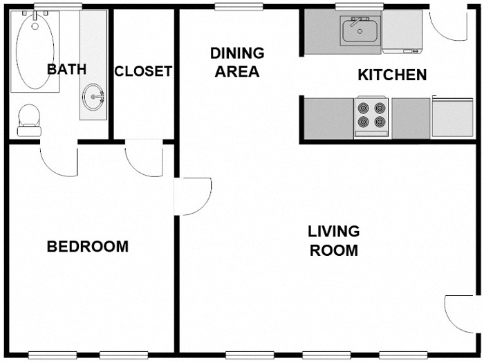 Floor plan for 1 bed, 1 bath, 600 sqft